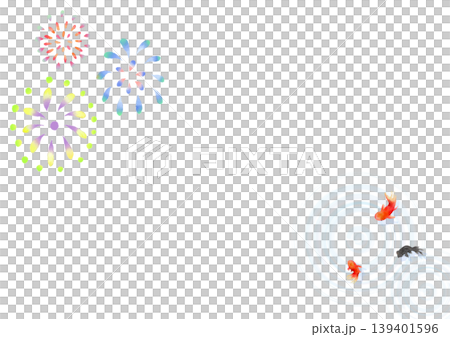 Watercolor Japanese-style background material featuring goldfish and fireworks | Summer, summer greetings, white background, with copy space 139401596