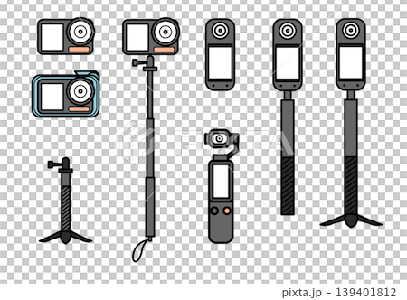 Illustration material: Vector illustration of a set of filming equipment including an action camera, 360-degree camera, and selfie stick. 139401812