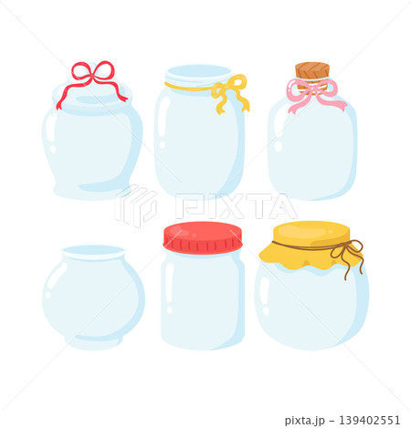 Variety of empty glass jar flat cartoon style Variety of empty glass jar flat cartoon style 139402551