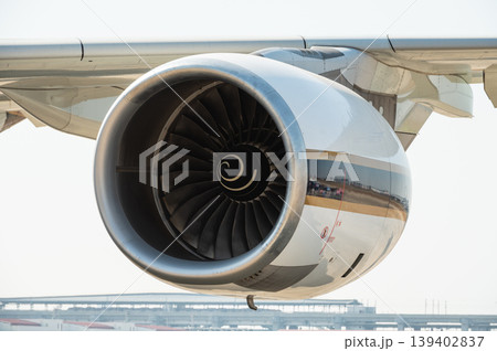 Close-up of jet engine turbine intake of a commercial aircraft 139402837