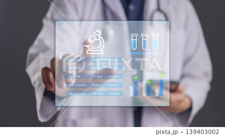 Doctor analyzing Lipid Profile results on virtual hologram screen showing Cholesterol, LDL, HDL, and Triglyceride levels. Medical technology concept for blood test analysis and heart health diagnosis. Doctor analyzing Lipid Profile results on virtual hologram screen showing Cholesterol, LDL, HDL, and Triglyceride levels. Medical technology concept for blood test analysis and heart health diagnosis. 139403002