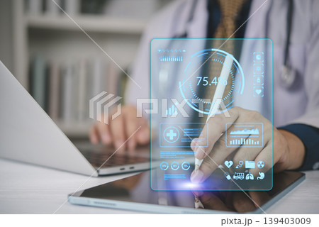 Doctor hand using tablet stylus to analyze medical statistics hologram with charts and 75% percentage. Healthcare data analytics, digital research report, and hospital technology concept. 139403009