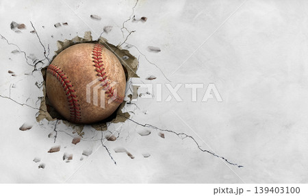 An old baseball flew through a cement wall. An old baseball flew through a cement wall. 139403100