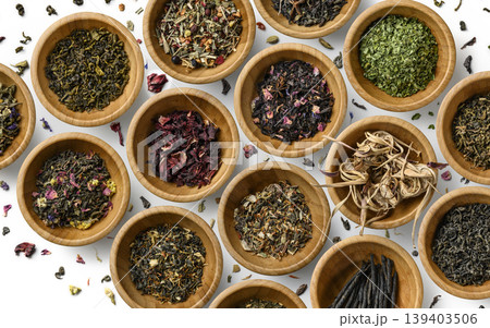 Tight overhead view captures lively tea blend textures for tasting and social media Tight overhead view captures lively tea blend textures for tasting and social media 139403506