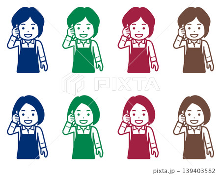 [髪型違い] スマホで電話するエプロンの女性のアイコン 139403582
