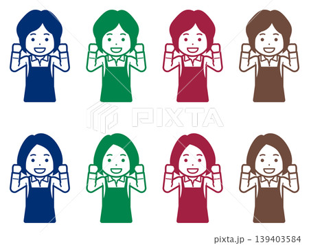 [髪型違い] 「がんばります」とこぶしを握るエプロンの女性のアイコン 139403584
