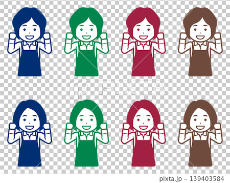 [髪型違い] 「がんばります」とこぶしを握るエプロンの女性のアイコン 139403584