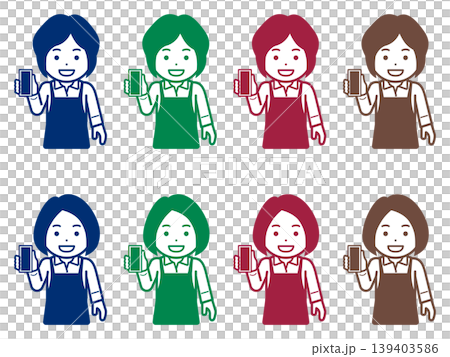 [髪型違い] スマホの画面を見せるエプロンの女性のアイコン 139403586