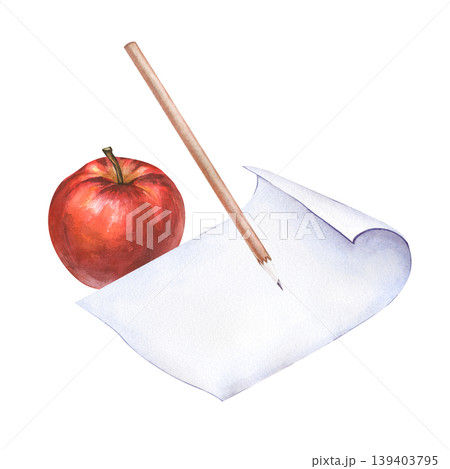 Watercolor school illustration with red apple, pencil and blank scroll paper, isolated on white background. 139403795