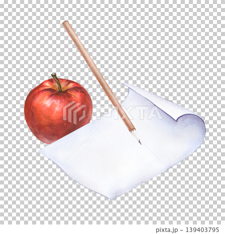 Watercolor school illustration with red apple, pencil and blank scroll paper, isolated on white background. 139403795