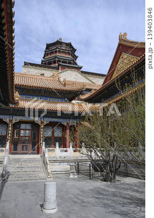 Courtyard of the ancient Buddhist Foxiange Temple in Yiheyuan Park in Beijing, China 139403846