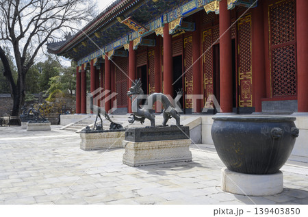 Entrance at Benevolence and Longevity Hall (Renshoudian) with Dragon and Phoenix statues In Beijing 139403850
