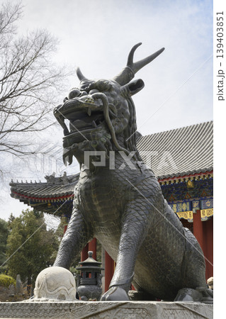 Statue of a mythical lion-like beast with horns and hooves in Yiheyuan Park in Beijing Statue of a mythical lion-like beast with horns and hooves in Yiheyuan Park in Beijing 139403851