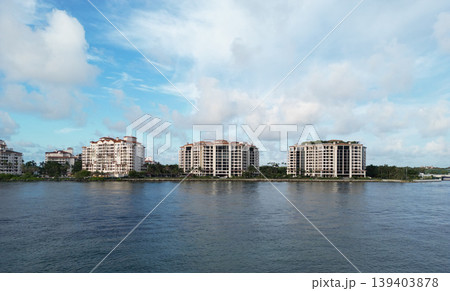 Aerial panorama. Fisher island aerial view. Panorama aerial drone view of Fisher island, Miami. Miami beach from drone. Miami panorama, Florida. Panoramic view of Fisher island. Luxury condominiums 139403878