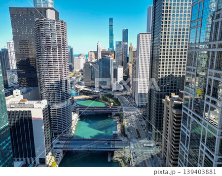 Chicago, USA - October 08, 2024: Iconic Chicago city downtown. Skyscraper architecture. Chicago city cityscape. Cityscape with skyscraper building. Downtown architecture and river. River in City 139403881