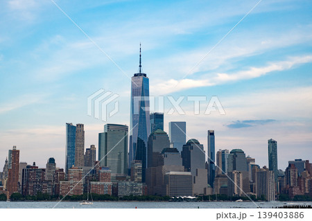 Manhattan skyline. New York city of America. Skyscraper building of NYC. NY city architecture. Midtown Manhattan at Hudson river. Sunset city. Cityscape in sunrise. New York downtown 139403886