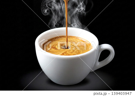 黒背景のカップに注がれるコーヒー 139403947