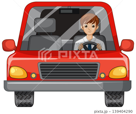 Young Man Driving a Red Car Front View Vector Illustration 139404290