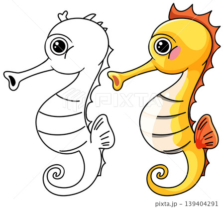 Cute Seahorse Vector Illustration in Colored and Line Art Styles 139404291