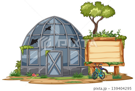 Abandoned Glass Dome Building with Overgrown Wooden Signboard 139404295