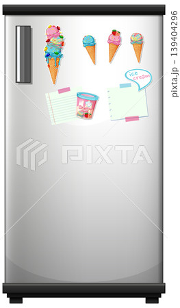 Modern Silver Refrigerator with Ice Cream Magnets and Paper Notes Modern Silver Refrigerator with Ice Cream Magnets and Paper Notes 139404296