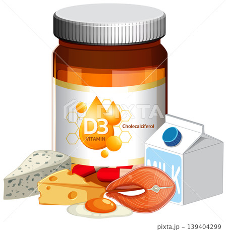 Vitamin D3 Supplement Bottle with Dairy and Fish Sources Vitamin D3 Supplement Bottle with Dairy and Fish Sources 139404299
