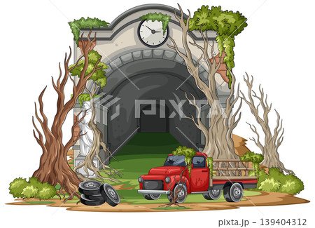 Abandoned Tunnel Entrance with Rusty Red Pickup Truck Abandoned Tunnel Entrance with Rusty Red Pickup Truck 139404312