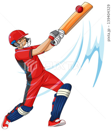 Cricket Batsman in Red Uniform Hitting a Ball with Power Cricket Batsman in Red Uniform Hitting a Ball with Power 139404329