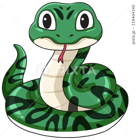 Cute Green Cartoon Snake Vector Illustration with Spotted Pattern and Forked Tongue Cute Green Cartoon Snake Vector Illustration with Spotted Pattern and Forked Tongue 139404340