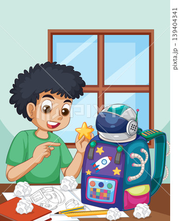Young Boy Designing a Space Themed Backpack in His Room 139404341