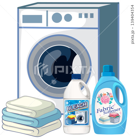 Front Load Washing Machine with Laundry Detergents and Towels Front Load Washing Machine with Laundry Detergents and Towels 139404354