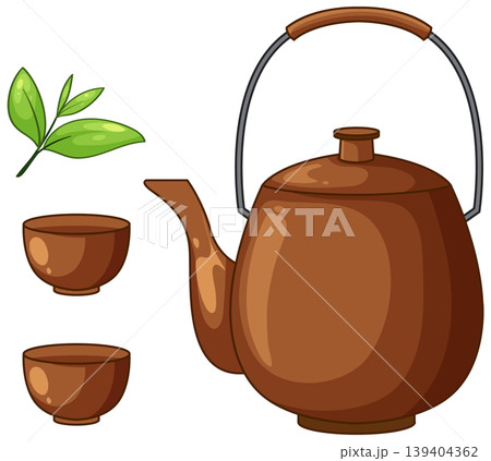 Traditional Japanese Teapot with Cups and Green Tea Leaves 139404362