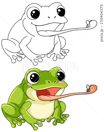 Cute Cartoon Frog Catching a Fly with Long Tongue Vector Illustration 139404378