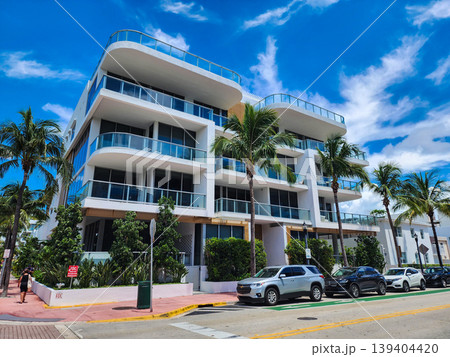 Miami, Florida, USA - June 08, 2024: Architectural building. Art deco architectural district. Art Deco. Modern building Miami beach. Miami South Beach in Ocean Drive. Art Deco building architecture Miami, Florida, USA - June 08, 2024: Architectural building. Art deco architectural district. Art Deco. Modern building Miami beach. Miami South Beach in Ocean Drive. Art Deco building architecture 139404420