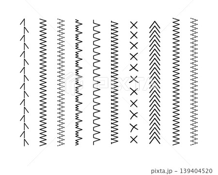 Geometric embroidery borders with decorative sewing patterns. Vector textile dividers featuring cross-stitch motifs, black thread elements, and seamless design edges for creative applications Geometric embroidery borders with decorative sewing patterns. Vector textile dividers featuring cross-stitch motifs, black thread elements, and seamless design edges for creative applications 139404520