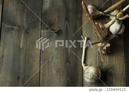 The heads and cloves of garlic are white purple on a gray background with space for copyspace text. Spicy dishes with garlic. The heads and cloves of garlic are white purple on a gray background with space for copyspace text. Spicy dishes with garlic. 139404523