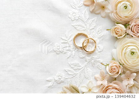 花とレースに置かれた結婚指輪 139404632