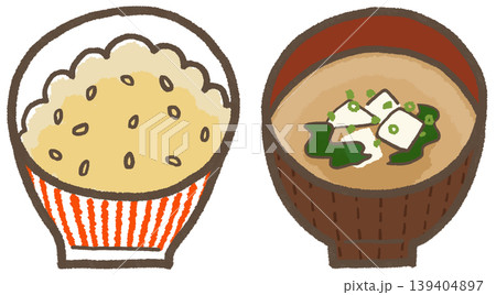 玄米とお味噌汁（豆腐とわかめ）、シンプルでかわいくデフォルメした手描きイラスト（暮らしシリーズ） 139404897