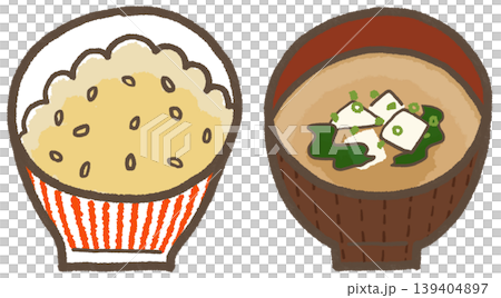 玄米とお味噌汁（豆腐とわかめ）、シンプルでかわいくデフォルメした手描きイラスト（暮らしシリーズ） 139404897
