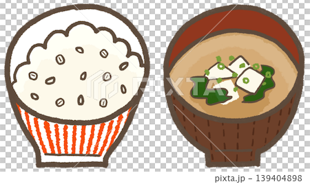 もち麦とお味噌汁（豆腐とわかめ）、シンプルでかわいくデフォルメした手描きイラスト（暮らしシリーズ） 139404898