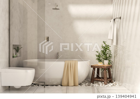 White tub with towel and wooden stool chair with glass partition aside toilet in a marble bathroom. White tub with towel and wooden stool chair with glass partition aside toilet in a marble bathroom. 139404941