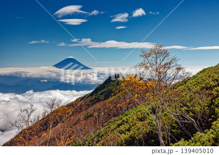 南アルプス・鳳凰三山・観音岳稜線から見る富士山 南アルプス・鳳凰三山・観音岳稜線から見る富士山 139405010