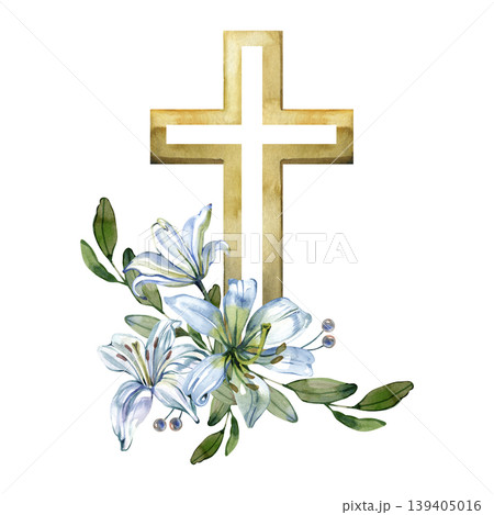 Elegant watercolor illustration featuring a golden Christian cross adorned with delicate light blue lilies and green leaves. Perfect for religious celebrations, Easter designs, or sympathy cards. Elegant watercolor illustration featuring a golden Christian cross adorned with delicate light blue lilies and green leaves. Perfect for religious celebrations, Easter designs, or sympathy cards. 139405016