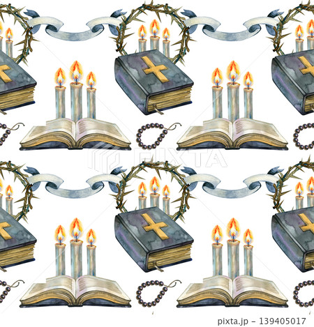 Watercolor hand drawn seamless pattern with religious symbols including Holy Bibles, burning candles, thorn crowns, and rosary beads. A complex spiritual ornament for Christian themes, Lent, or Easter Watercolor hand drawn seamless pattern with religious symbols including Holy Bibles, burning candles, thorn crowns, and rosary beads. A complex spiritual ornament for Christian themes, Lent, or Easter 139405017