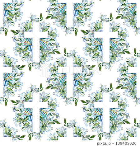 Elegant seamless pattern featuring a white Christian cross surrounded by hand drawn watercolor blue lilies and green leaves. Perfect for Easter, baptism, wedding stationery, and religious events. Elegant seamless pattern featuring a white Christian cross surrounded by hand drawn watercolor blue lilies and green leaves. Perfect for Easter, baptism, wedding stationery, and religious events. 139405020
