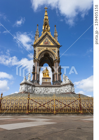 The Albert Memorial in Kensington Gardens London against a blue sky The Albert Memorial in Kensington Gardens London against a blue sky 139405158