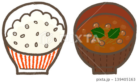 赤縞お茶碗のもち麦となめこの赤だし、シンプルでかわいくデフォルメしたイラスト(暮らしシリーズ) 赤縞お茶碗のもち麦となめこの赤だし、シンプルでかわいくデフォルメしたイラスト(暮らしシリーズ) 139405163