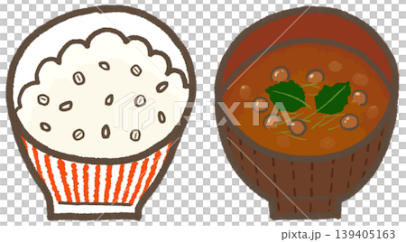 一幅簡潔可愛的插畫,描繪了一個盛滿大麥和滑子菇的紅色條紋米飯碗,浸泡在紅色味噌湯中(生活方式系列)。 一幅簡潔可愛的插畫,描繪了一個盛滿大麥和滑子菇的紅色條紋米飯碗,浸泡在紅色味噌湯中(生活方式系列)。 139405163