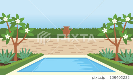 Poolside Garden Bloom Mediterranean Flat Design Illustration 139405223