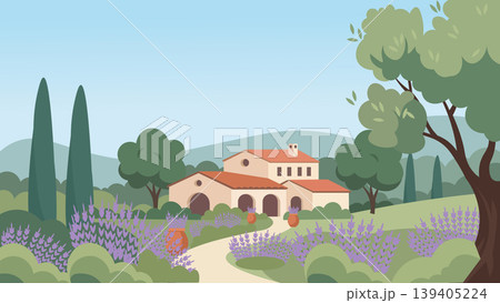 Rustic Countryside Home Mediterranean Flat Design Illustration Rustic Countryside Home Mediterranean Flat Design Illustration 139405224